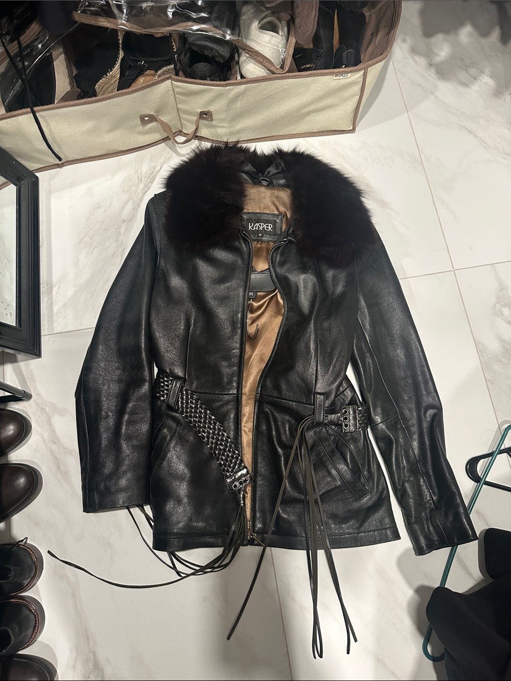 Kasper vintage Black Leather Jacket with Brown Vegan Fur Collar